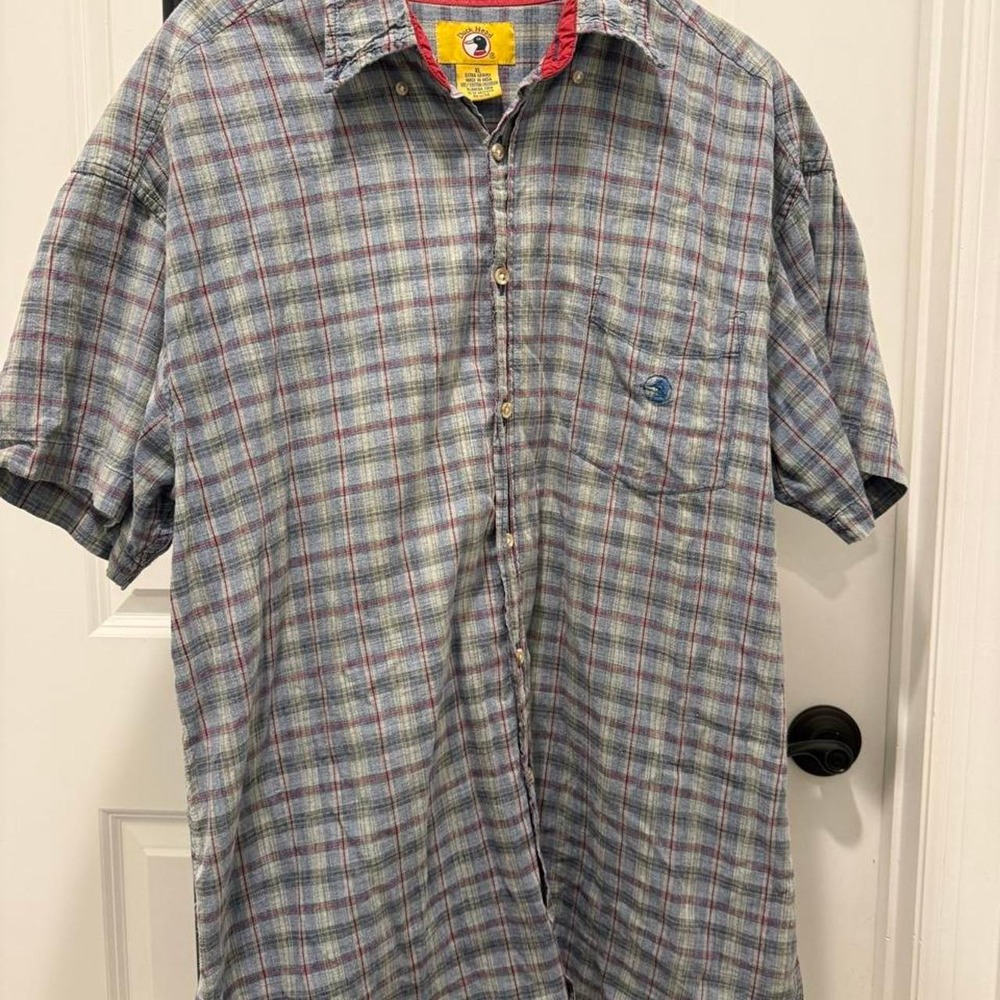 Duck Head Short Sleeve Blue Plaid Button Down Men's Shirt Vintage Grandpa
